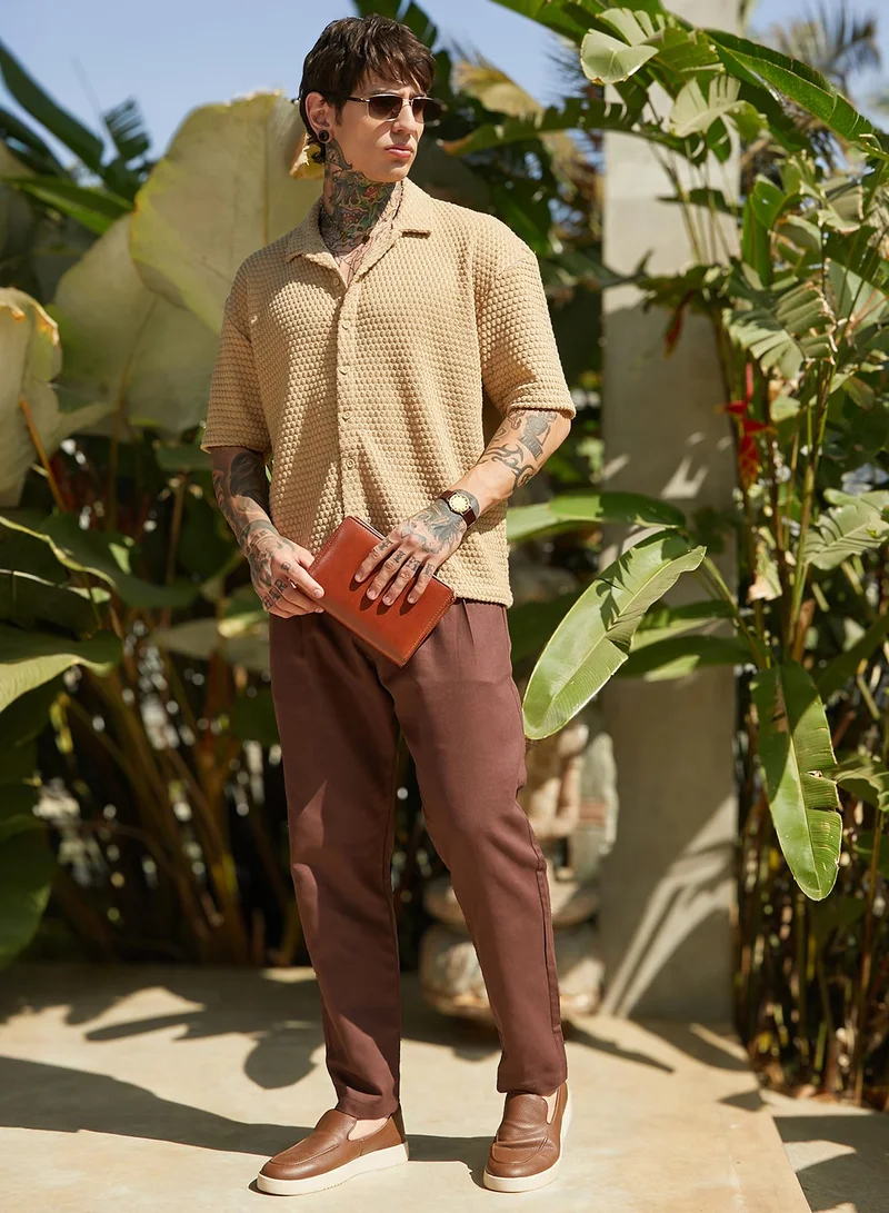CAHOOT  Men's Buff Beige Oval-Tactile Knit Oversized Shirt For Casual Wear | Cuban Collar | Short Regular Sleeves | Button Closure | Oversized Shirt Crafted With Comfort Fit For Everyday Wear for Men | Best Price UAE